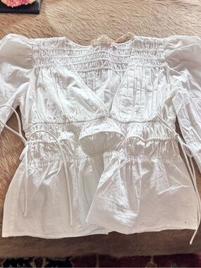 Anthropologie Women's White Smocked Peasant Blouse